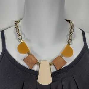 Bold Chunky Geometric Statement Necklace Gold Chain Amber Brown Beige Resin Bib